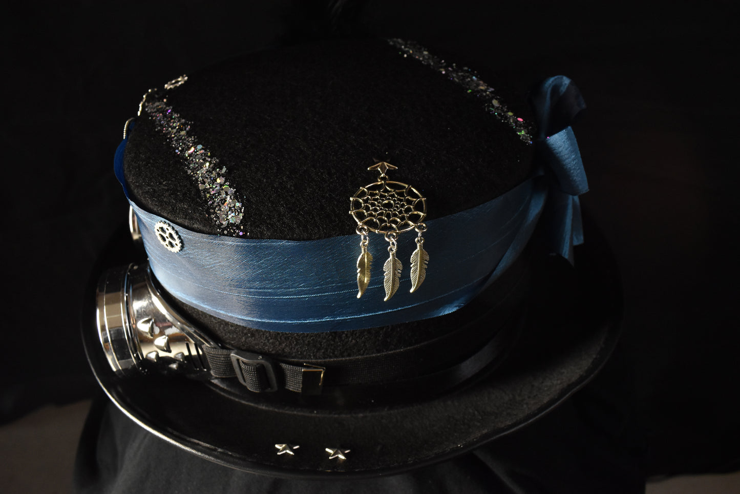 Chapeau steampunk ruban bleu