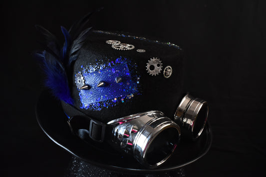 Chapeau steampunk bleu pique argenté